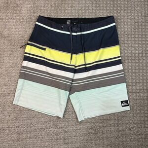 Quiksilver Mens Striped Board Shorts Navy Lime Green Swim Trunks Size 34